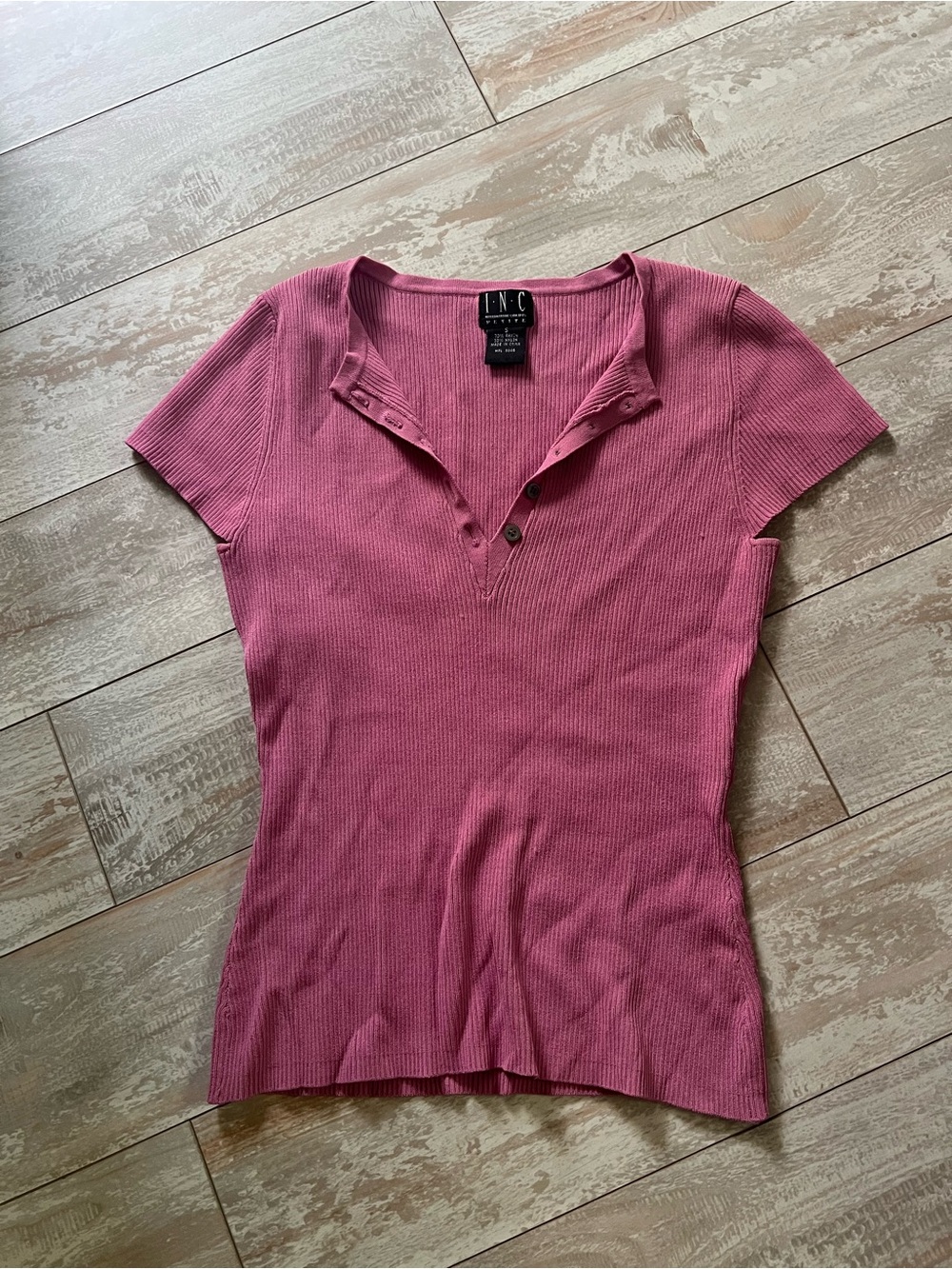 INC International Concepts Mauve Ribbed Short-Sleeve Henley Top